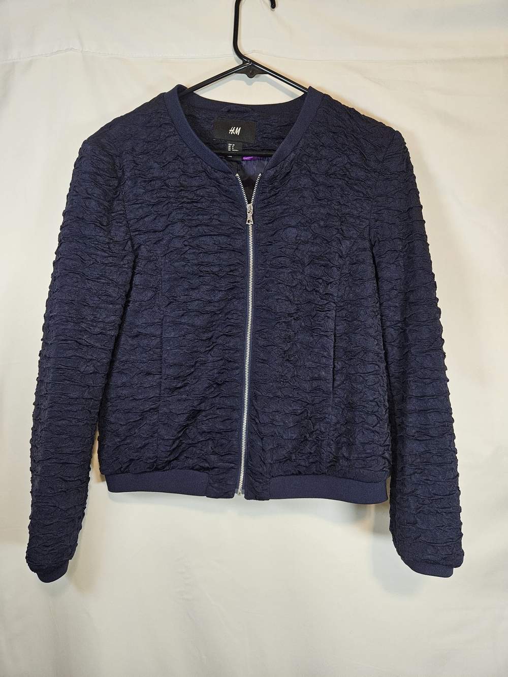 H&M Textured Navy Bomber Jacket with Front Zip